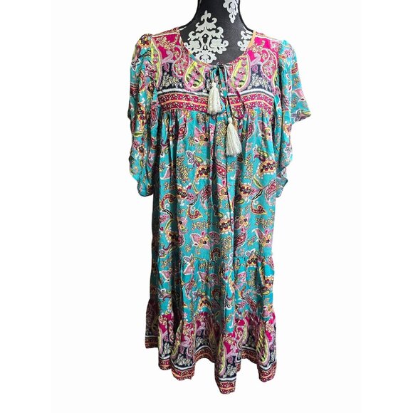 Gigio USA Dresses & Skirts - Gigio Umgee Bohemian Paisley Print Tassel Tie Dress 100% Rayon Size L Boho